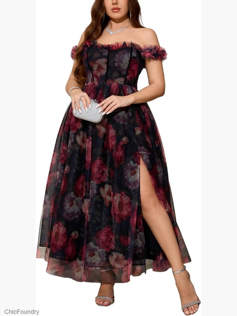 Plus Size Off Shoulder Formal Maxi Dress With Slit Floral Tulle